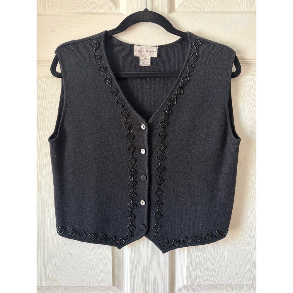 Vintage 90s Field Manor Sweater Vest Womens M Black Beaded Lambswool Blend